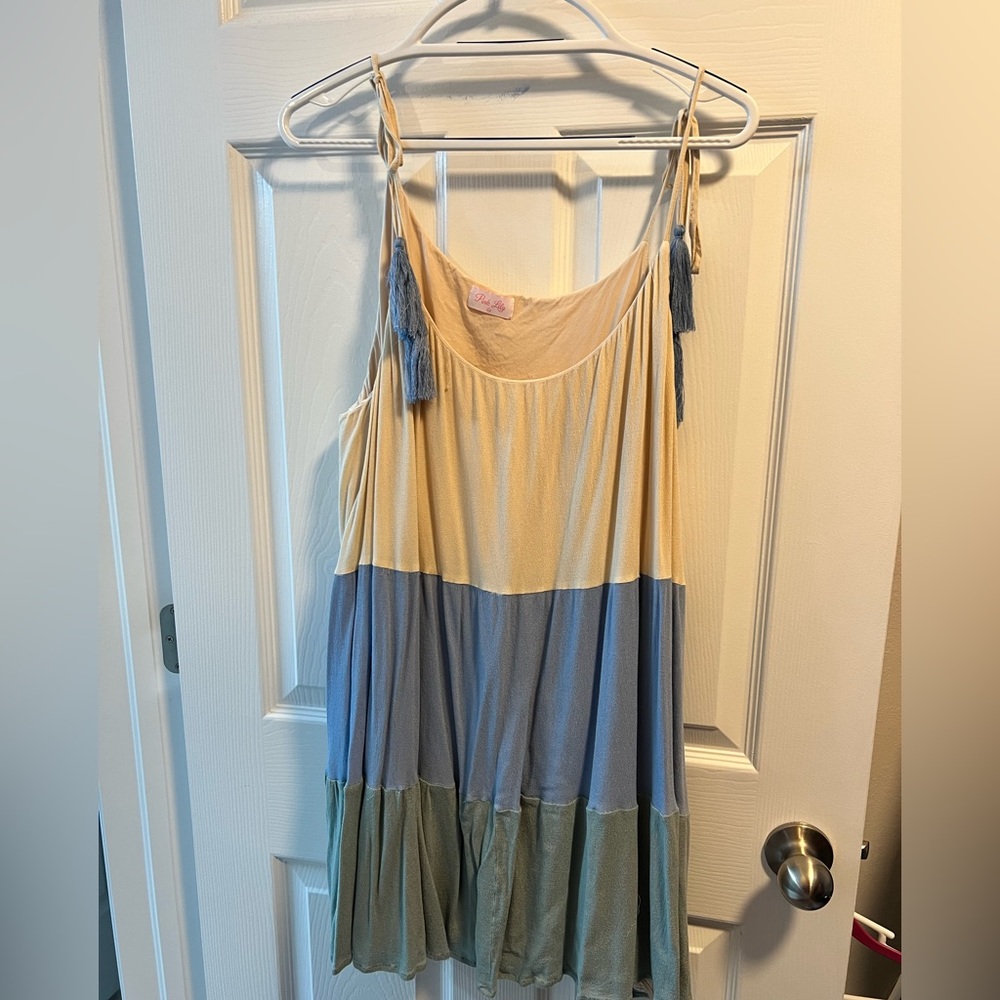 Pink Lily Morning Aura Colorblock Blue/Sage Tie Strap Dress - XL